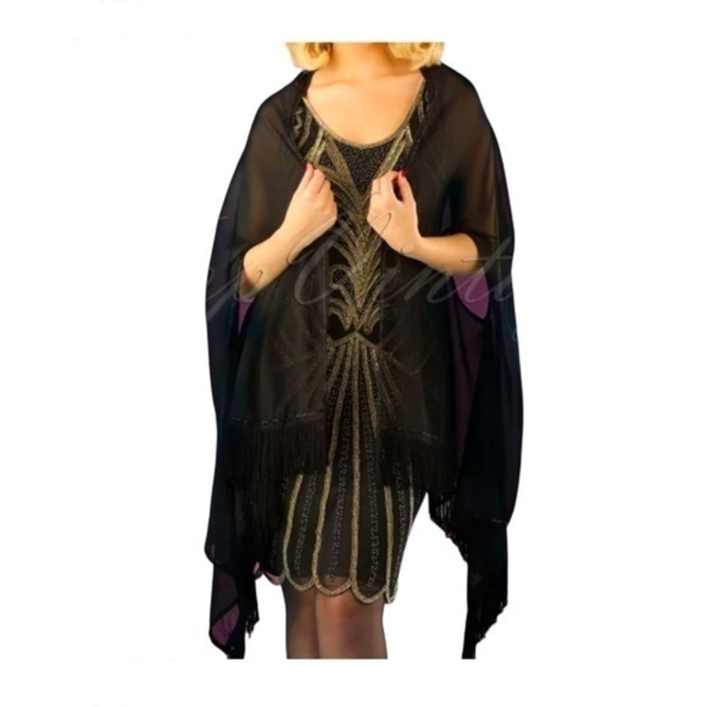 Gatsbylady London Flapper Style Elegant Black Sheer Beaded Shawl with Fringe